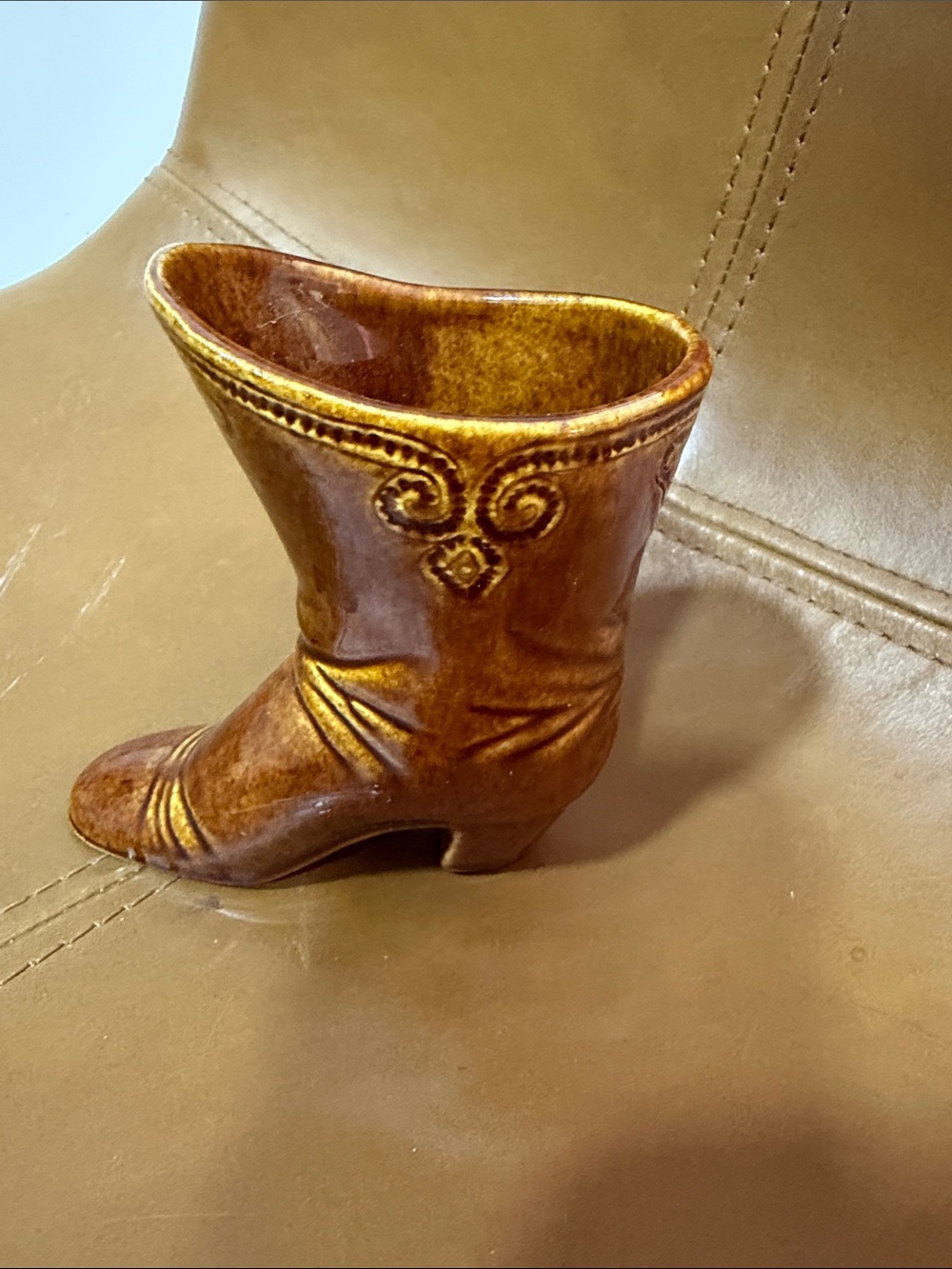 Brown Ceramic Cowboy Boot Vase - Decorative Women’s Boot Accent